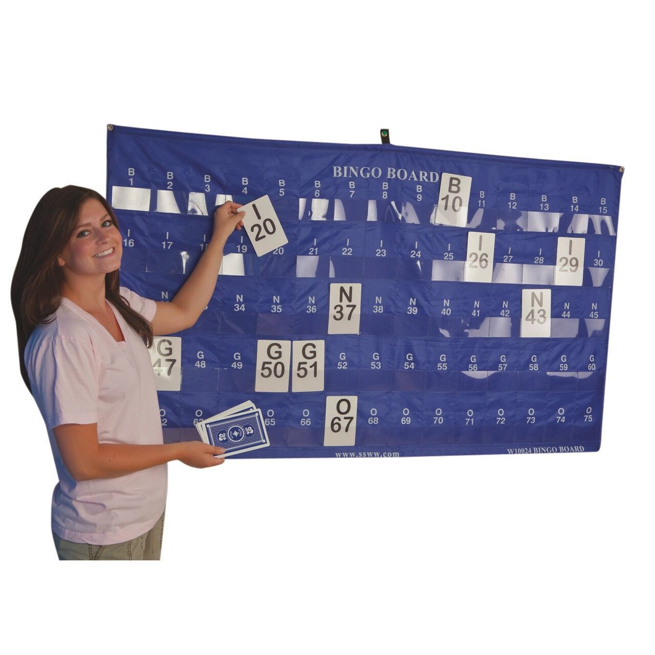 S&S Worldwide Manual Bingo Masterboard Pocket Chart. Large 60" L x 35" W Chart with 75 Pockets to Hold Bingo Calling Cards. Pockets are about 4" Wide. Includes Grommets for Hanging.